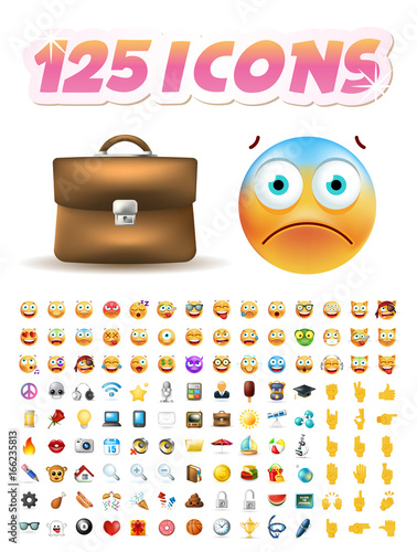 Set of 125 Realistic Cute Icons on White Background . Isolated Vector Illustration 