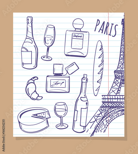 Symbols of Paris sketch. Vector popular french food, drinks and perfume icons photo