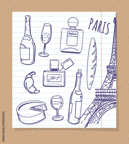 Symbols of Paris sketch. Vector popular french food, drinks and perfume icons