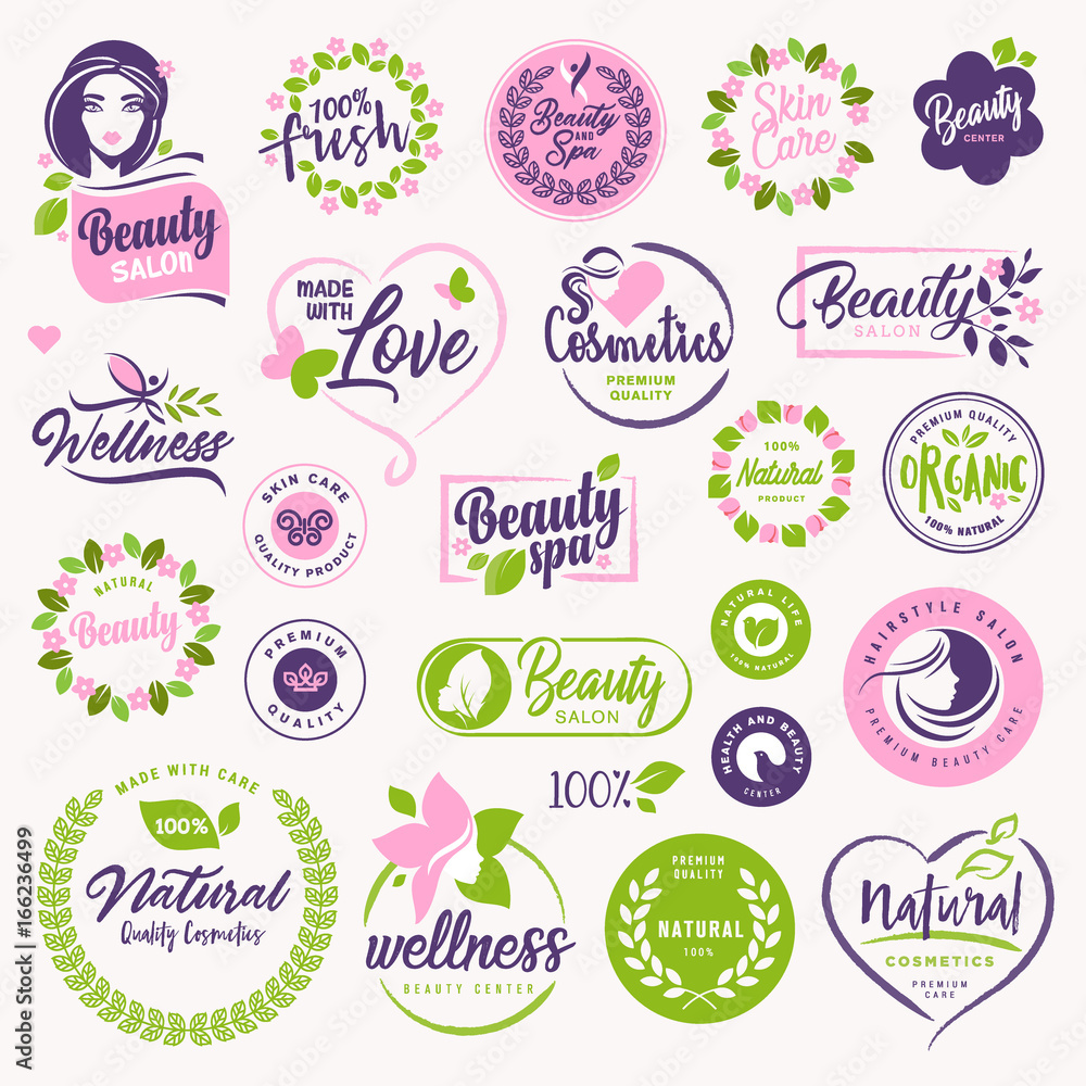 Set of beauty, natural cosmetics and healthcare signs and elements. Vector illustration concepts for web design, packaging design, promotional material.