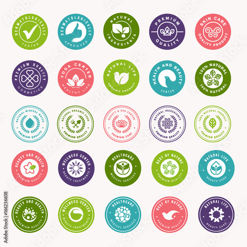 Set of beauty, natural cosmetics and healthcare signs. Vector illustration concepts for web design, packaging design, promotional material.