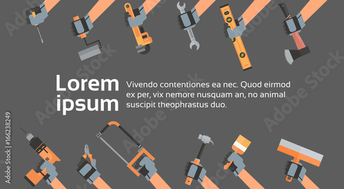 Hands Holding Tools Repair And Construction Working Equipment Over Copy Space Flat Vector Illustration