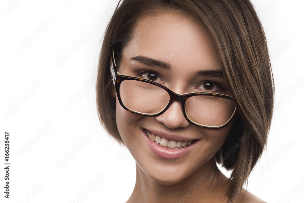 Eyewear glasses woman portrait isolated on white