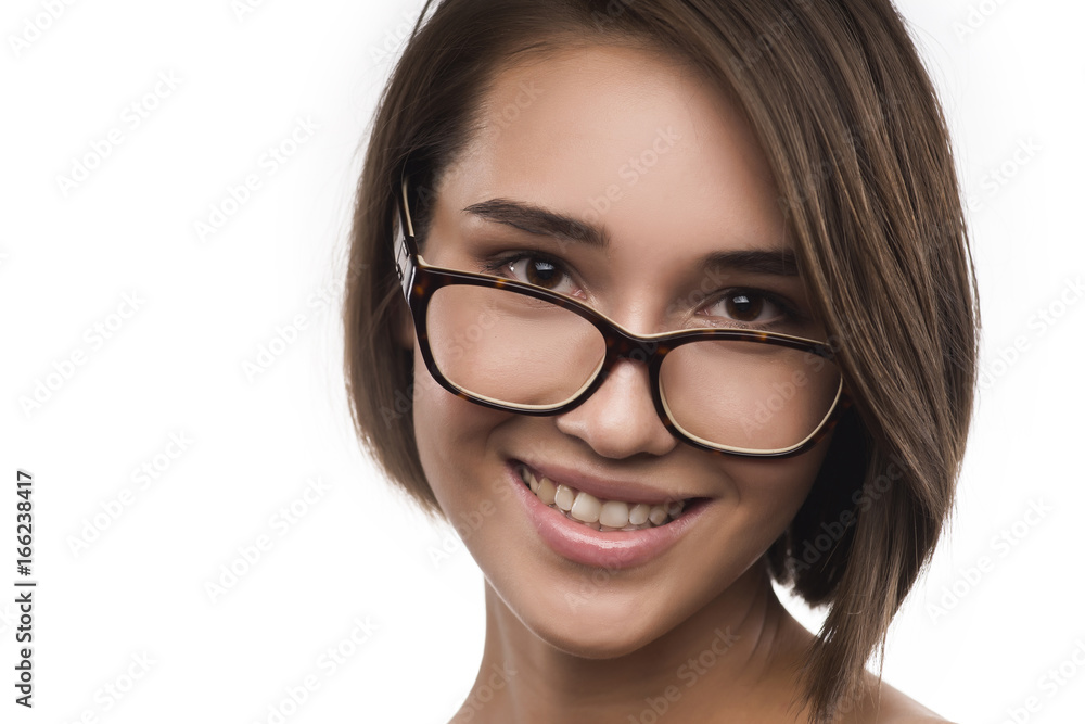 Eyewear glasses woman portrait isolated on white Eyewear glasses woman portrait isolated on white
