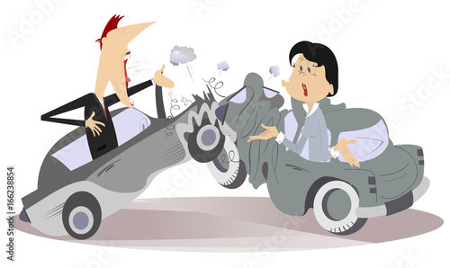 Road accident, young man and woman. The angry man and astonished young woman argue who is guilty of road accident
