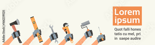 Hands Holding Tools Repair And Construction Working Equipment Over Copy Space Flat Vector Illustration