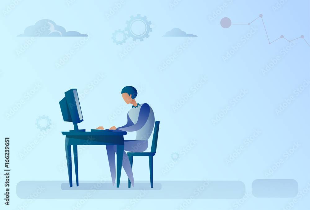 Abstract Business Man Sitting At Office Desk Working Computer Vector Illustration