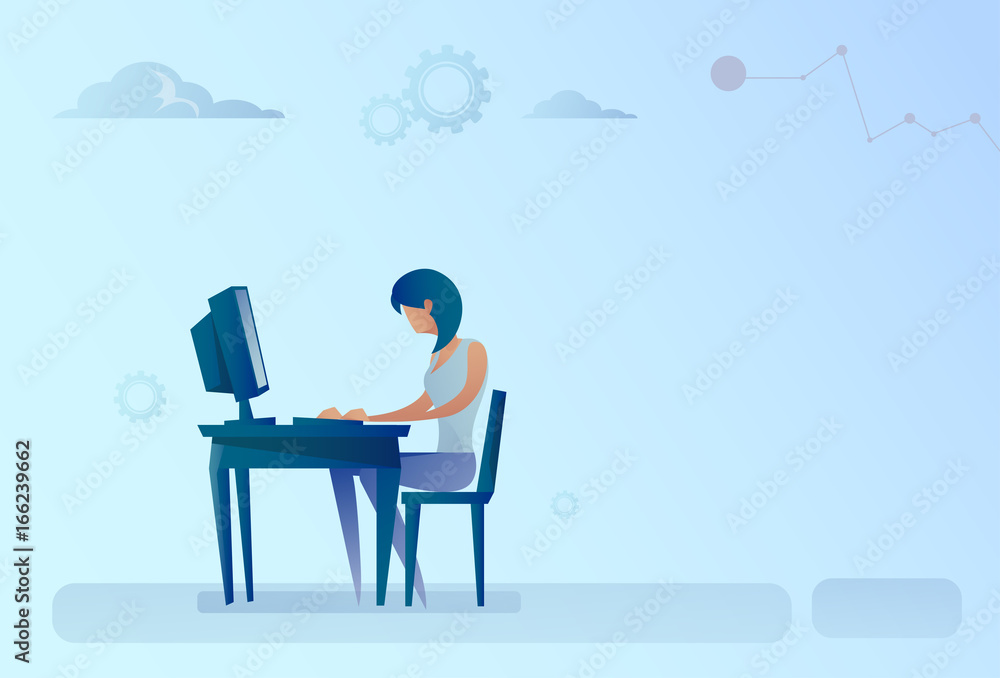 Abstract Business Woman Sitting At Office Desk Working Computer Vector Illustration