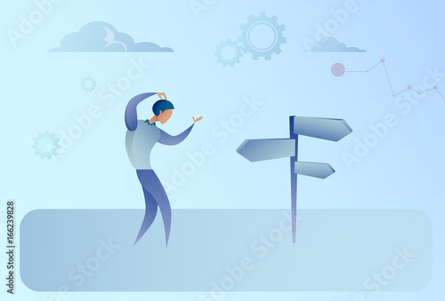 Business Man On Crossroad Look At Sign Board Choosing Direction Concept Flat Vector Illustration