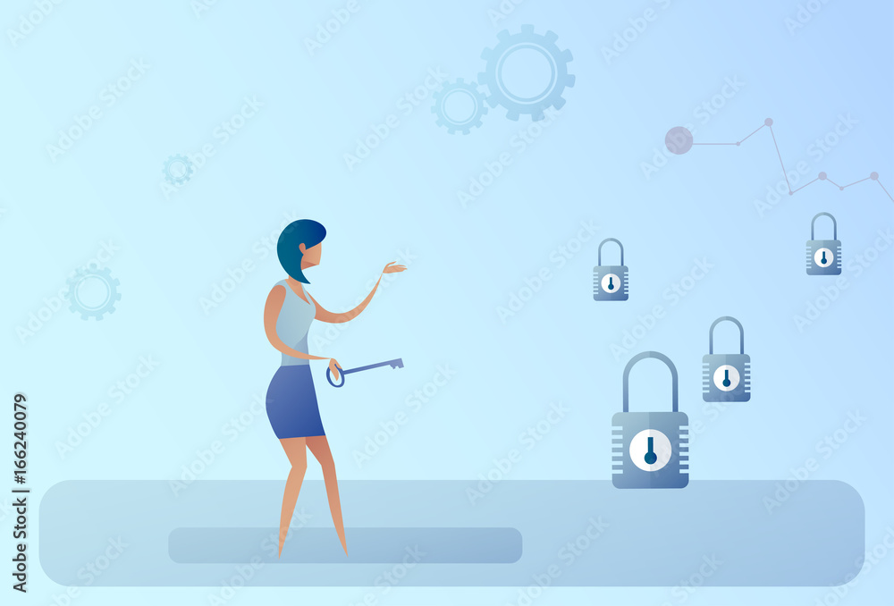 Business Woman Hold Key Choosing Lock Opportunity Decision Concept Flat Vector Illustration