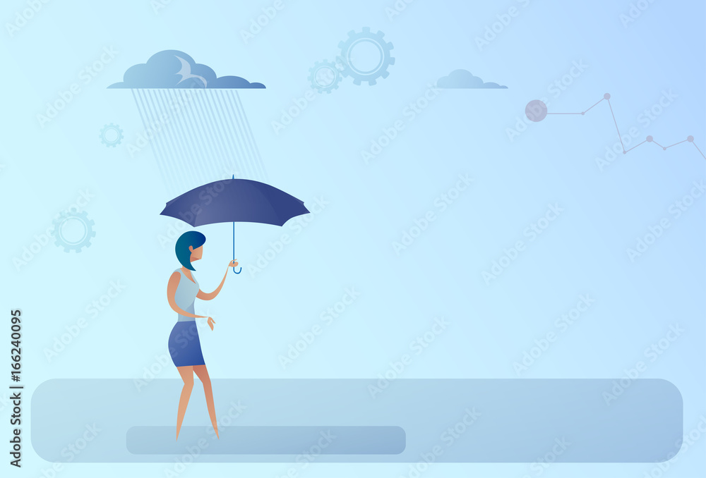Business Woman Hold Umbrella Stand Rain Protection Security Concept Flat Vector Illustration