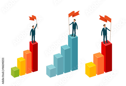 Businessman with flag stands on top. Business concept. Infographics vector illustration