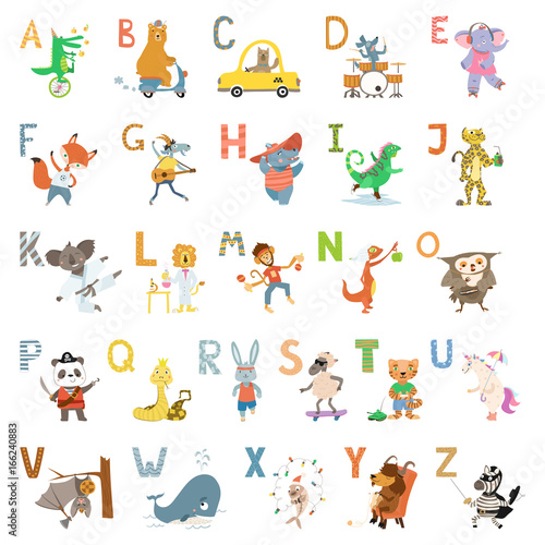 Cartoon cute animals alphabet letters for children school, preschool education.