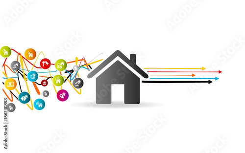 Solving property issues, house market analysis concept with colorful avatar house icons over tangled lines with arrows pointing right