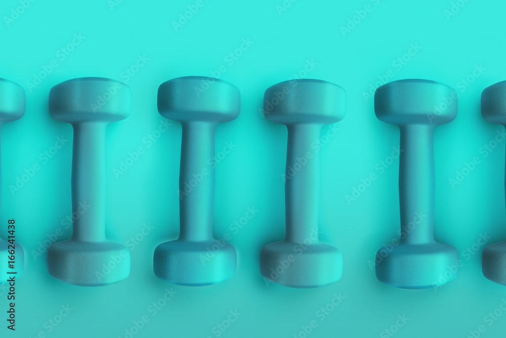 Fitness dumbbells blue top wiew on sports cover. 3D illustration. Fitness dumbbells blue top wiew on sports cover. 3D illustration.