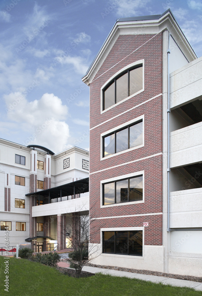 Generic Brick Apartment Building exterior With bridge and landscaping