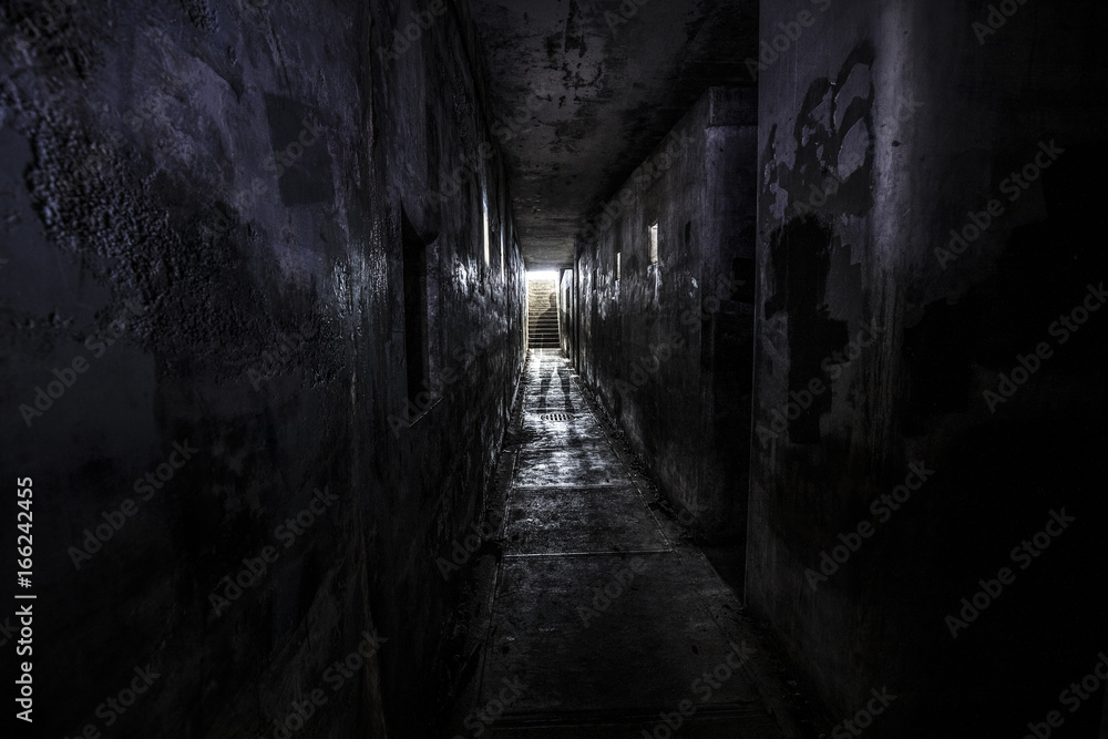 ghostly person standing in a dark hallway of an abandoned building 