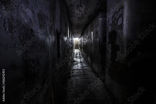 ghostly person standing in a dark hallway of an abandoned building 