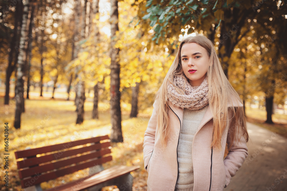 portrait of young beautiful woman walking in stylish warm outfit in sunny autumn day in park, wearing pink coat and knitted snood. Casual lifestyle in the city portrait of young beautiful woman walking in stylish warm outfit in sunny autumn day in park, wearing pink coat and knitted snood. Casual lifestyle in the city