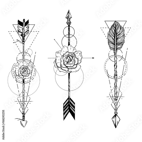 Tribal arrow in ethnical pattern with feathers and roses