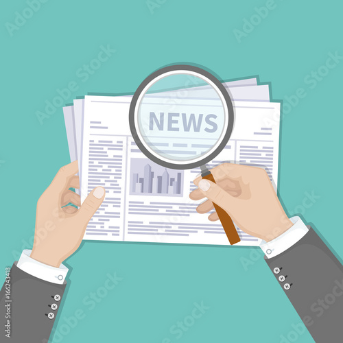 Hot latest news. Businessman hands holding magnifying glass over a newspaper with titles and photo. Top view. Vector illustration