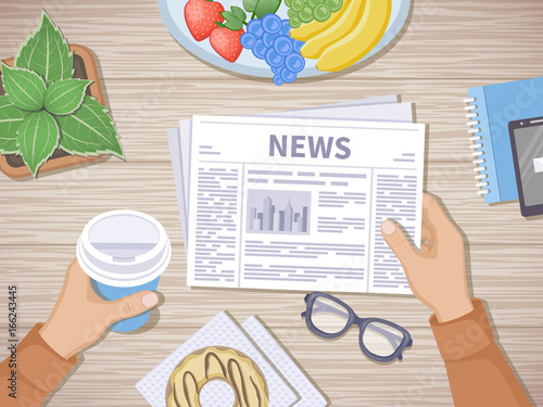 Man reading the latest news at breakfast. Human hands holding coffee to go and newspaper, phone, fruit, donut, glasses, pot. Good start in the morning before beginning the working day. Top view Vector