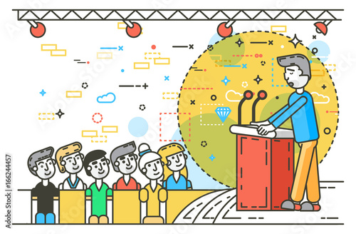 Vector orator spokesman spokesperson speaker public appearance at tribune rostrum podium businessman politician speech stage audience business presentation line art style white background