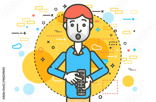 Vector orator spokesman spokesperson speaker holding remote control in businessman rhetor politician speech speaking stage audience business presentation line art style white background
