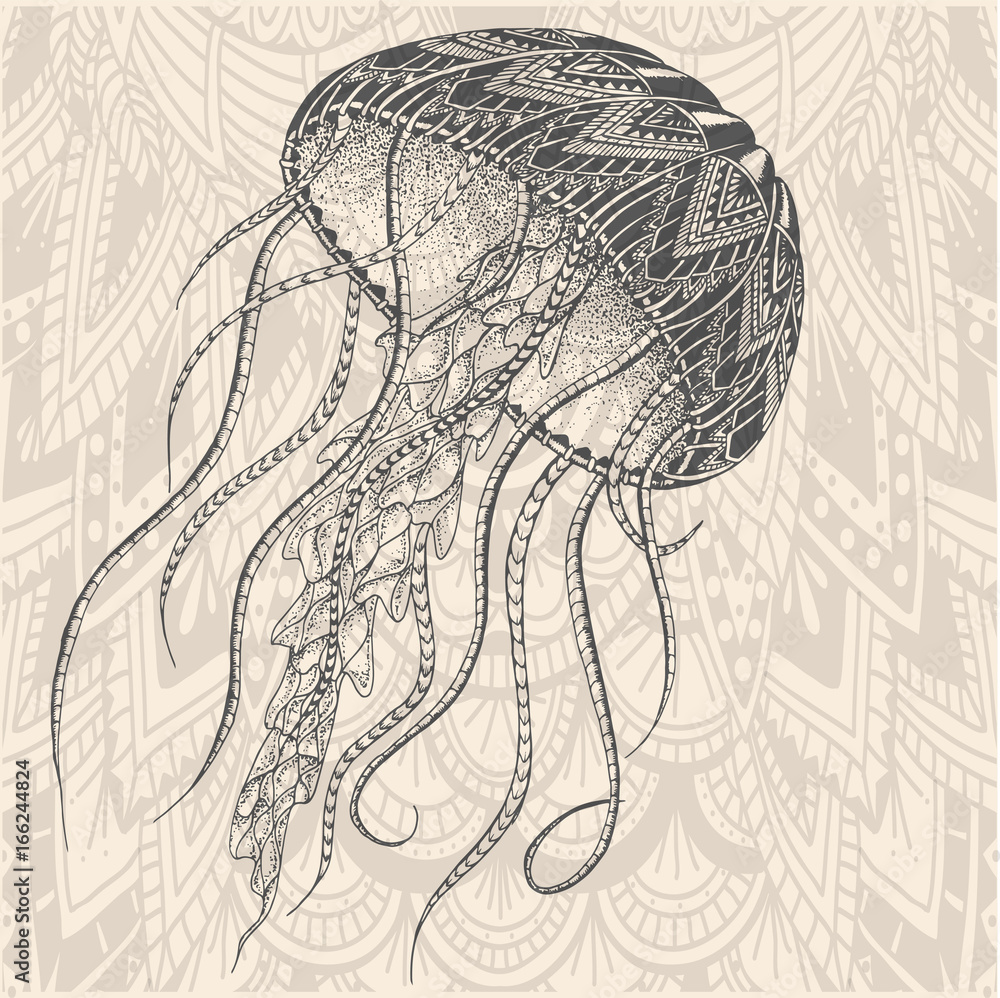 Patterned jellyfish. Tattoo design. It may be used for design of a t-shirt,  bag, postcard, a poster and so on. Stock-Vektorgrafik | Adobe Stock