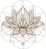 Filigree lotus flower on sacred geometry sign, vector handdrawn illustration