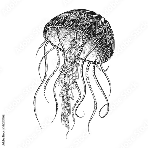 Patterned jellyfish. Tattoo design. It may be used for design of a t-shirt, bag, postcard, a poster and so on.