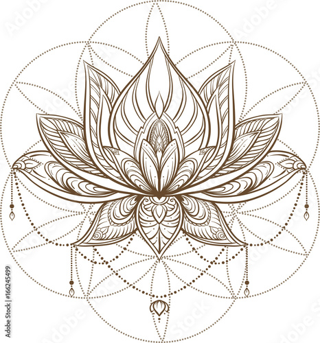 Filigree lotus flower on sacred geometry sign, vector handdrawn illustration