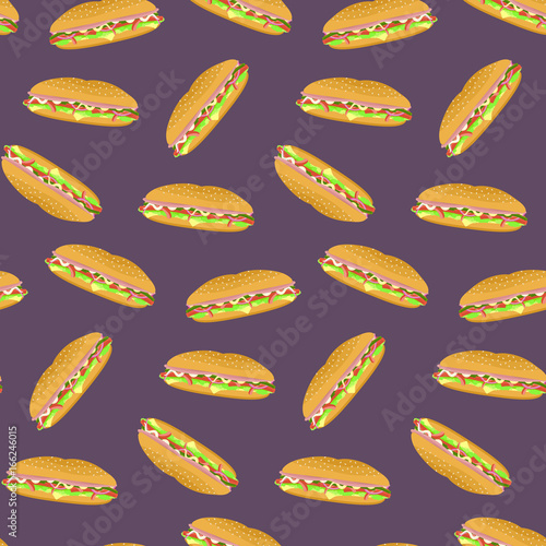 Seamless pattern with colorful sub sandwiches on violet background. Nice fast food texture for textile, wallpaper, cover, wrapping paper, banner, bar and cafe menu design