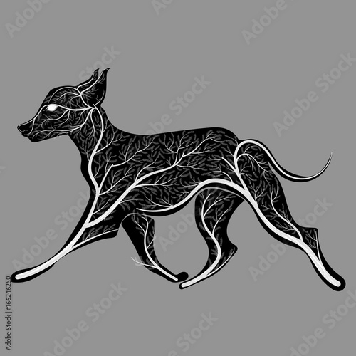 Silhouette of a running dog with a texture of a bush