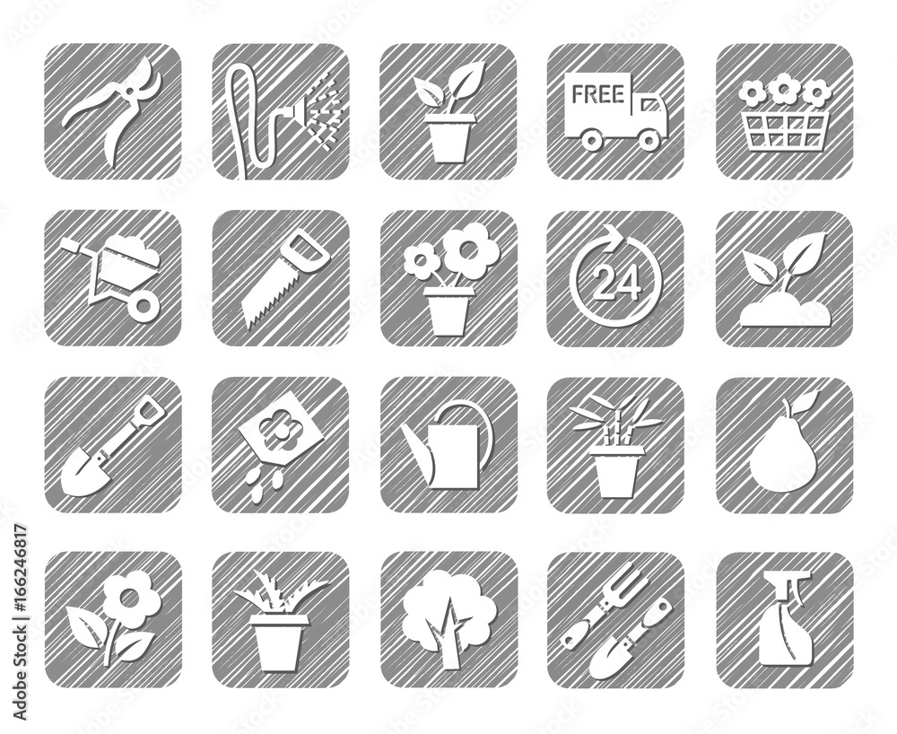 Horticulture, floriculture, horticulture, monochrome icons, vector, hatched. Drawings of garden tools and gardening goods. Hatch grey pencil simulation. 