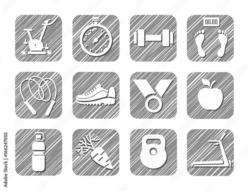 Sport and fitness, monochrome icons, vector, hatched. Drawings of sports equipment and attributes of a healthy lifestyle. Hatch grey pencil simulation. 
