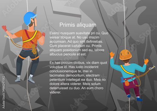 Vector illustration of two alpinists climbing on rock in back view.
