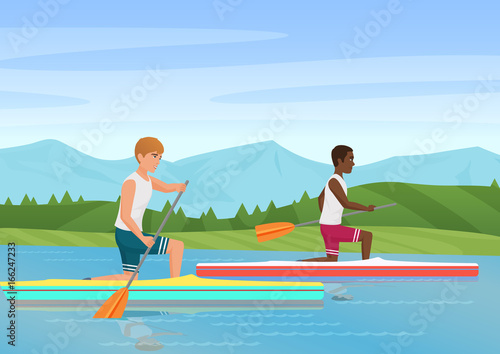 Vector illustration of two sportsmen rowing and competiting on river.