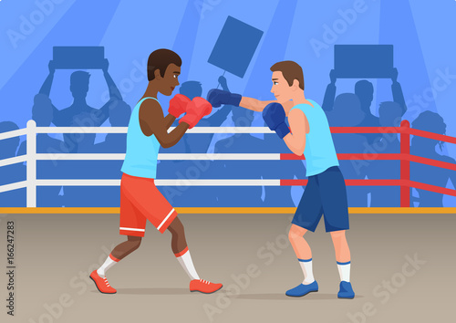 Vector illustration of black and white sportsmen boxing in ring.