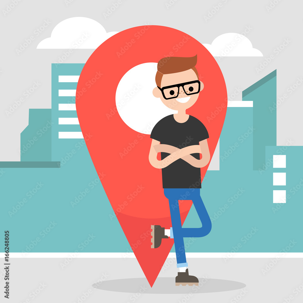 Location pin. Navigating in the city. Young character leaning on the red location pin sign / flat editable vector illustration, clip art Location pin. Navigating in the city. Young character leaning on the red location pin sign / flat editable vector illustration, clip art
