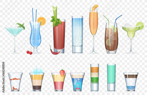 Vector Set of realistic alcoholic cocktails isolated on the alpha transperant background. Club party summer cocktails in mixed glasses. Short and long cocktails collection.