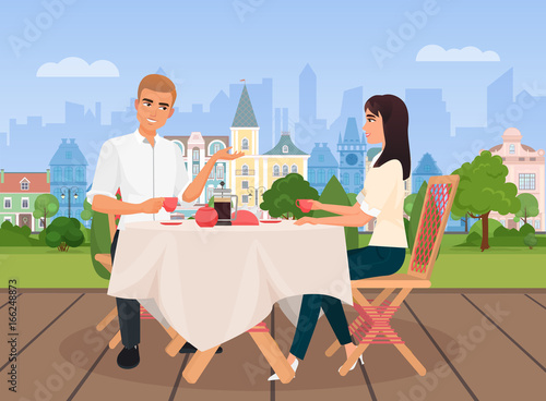 Vector illustration of young man and woman communicating sitting in outside cafe on the old city background.