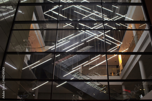 Night view of a light installation in modern architecture in Frankfurt.