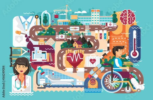 Vector illustration medicine health care of patient wheelchair medical insurance treatment illness recovery doctor nurse ambulance road hospital pharmacy polyclinic in flat style blue background