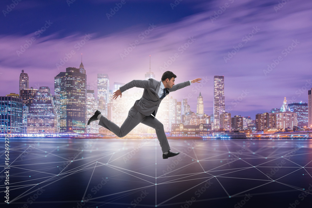 Businessman running in internet of things concept Businessman running in internet of things concept