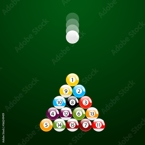 White Ball About to Hit a Set of Billiard - Pool Balls on Green Background