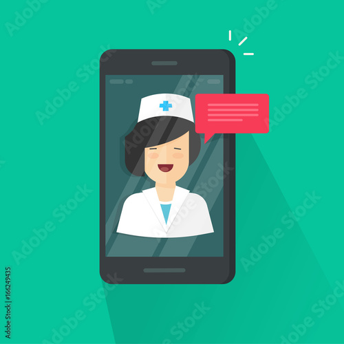 Doctor online on cellphone vector illustration, flat cartoon woman doctor answers via mobile phone on-line video technology, remote medical consultation via smartphone, telemedicine chat message