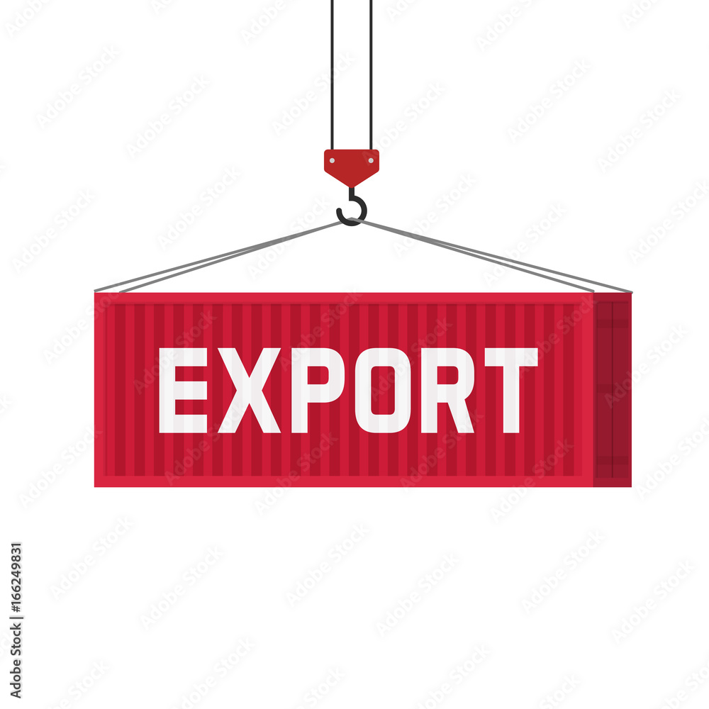 Large shipping container with export text loading via crane vector