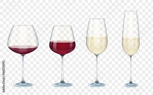 Set transparent vector wine glasses with white and red wine on the alpha transparent background. Vector illustration.