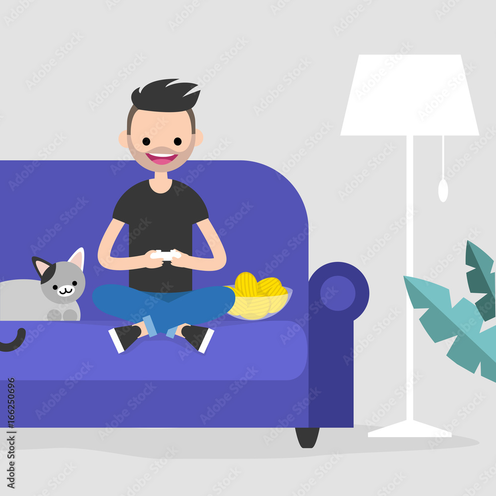 Young excited character playing video games / flat editable vector illustration, clip art Young excited character playing video games / flat editable vector illustration, clip art